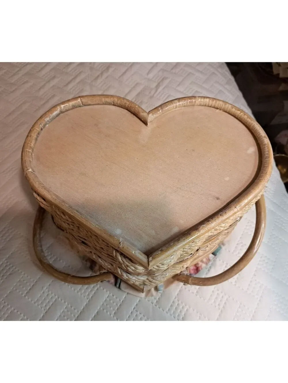 Vintage Heart-Shaped Wicker Storage Basket w Padded Floral Fabric & Lace Top